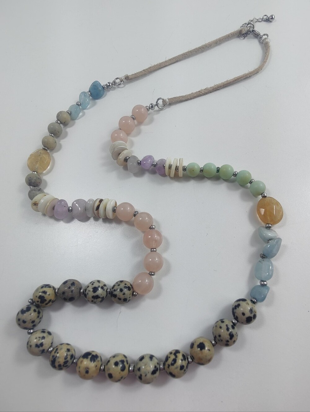 J. Jill Long Mixed Bead Necklace 33" Dalmatian Jasper Stone Suede Cord Boho